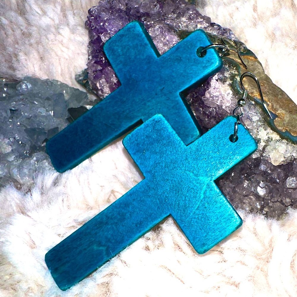 Wood Blue Cross Earrings